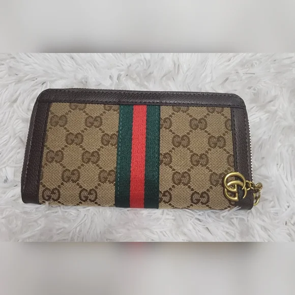 Beige and Brown zip Wallet with Red and Green Stripe - Picture 2 of 8